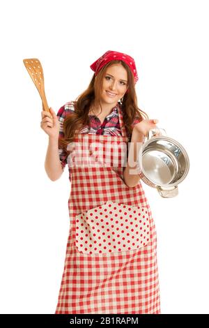 Young woman cooking isolated holding wooden spatula and a pot Stock Photo