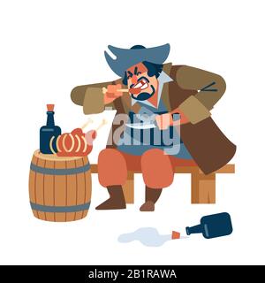 Medieval big man. Scary pirate eats meat with pleasure with a knife in his hand. The character of the pirate. Vector illustration of flat cartoon on Stock Vector