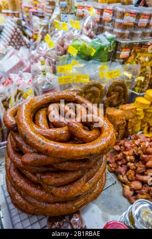 Sausages, Talat Warorot, market hall, Chiang Mai, Thailand Stock Photo