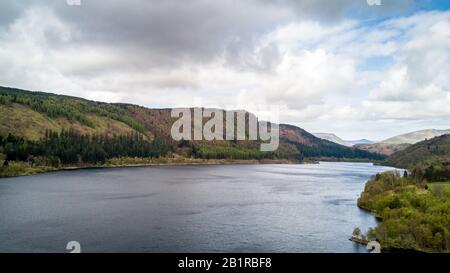 Thirlmere, Lake District, England. Aerial drone view north over Thirlmere reservoir in the English Lake District in Cumbria on a cloudy spring day. Stock Photo