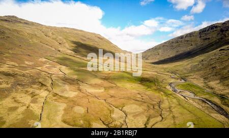 Wrynose Pass, English Lake District, Cumbria. Aerial drone image of the landscape of the Wrynose Pass in the Lake District, England. Stock Photo