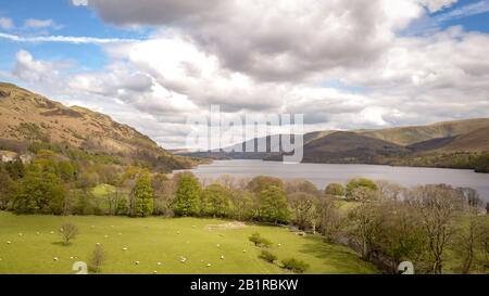 Ullswater, Lake District Cumbria. Aerial drone image of the landscape surrounding Ullswater in the English Lake District on a bright spring day. Stock Photo