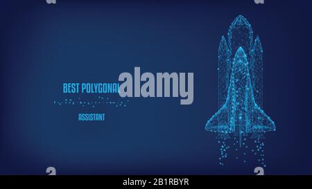 Startup concept. Shuttle launch from triangles and luminous points. Background of beautiful dark blue night sky. Vector Polygonal illustration. Low po Stock Vector