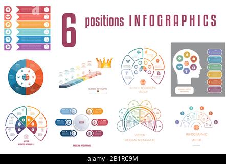 Set 9 universal templates elements Infographics conceptual cyclic processes for 6 positions possible to use for workflow, banner, diagram, web design, Stock Vector