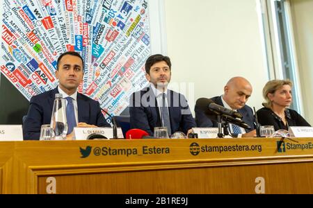 Rome, Italy. 27th Feb 2020. Italian Foreign Secretary Luigi Di Maio (left) and Health Secretary Robero Speranza (2nd left), together with the Scientific Director of the Spallanzani infectious diseases hospital Giuseppe Ippolito (3rd left) and Director General of the hospital Marta Branca (right), attend a question and answer session to the foreign press regarding Italy's response to the current Coronavirus Covid-19 outbreak in the country where there are now more than 400 confirmed cases Credit: Stephen Bisgrove/Alamy Live News Stock Photo