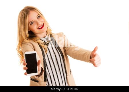 Business woman showing smart phone with blank display for text or commercial advertisement ad Stock Photo