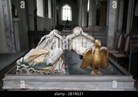 The Bardolph tomb, carved alabaster effigies of Sir William d1441(chamberlain to Henry VI) & his wife. St Mary's church, Dennington, Suffolk, UK Stock Photo