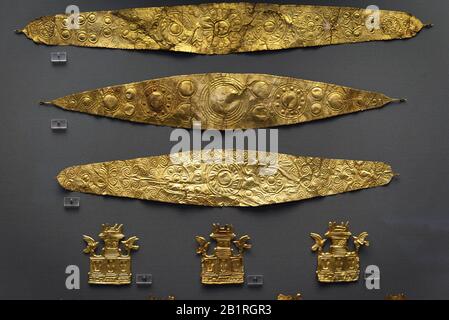 Athens - May 7, 2018: Jewellery from ancient Greek Mycenae, 16th century BC. Gold diadems and other precious objects in the National Archaeological Mu Stock Photo