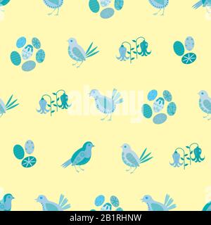 Easter chick seamless vector pattern background. Decorated folk art bird,egg, bluebell illustration. Scandinavian style baby chickens and spring Stock Vector