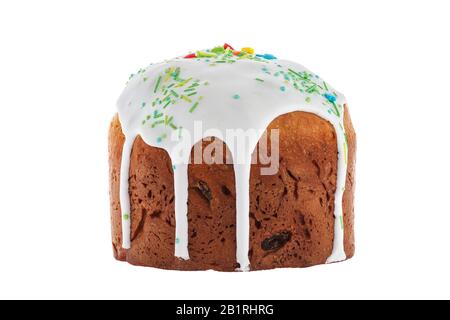 Easter cake freshly baked at home with icing and colored decorations isolated on a white background. Traditional Slavic, Russian, Ukrainian festive ho Stock Photo