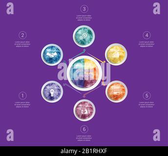 Polygonal infographics. For designs on 6 positions colorful circles with triangles and polygons in a circle. Stock Vector