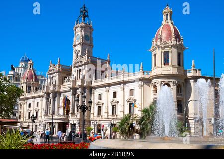 VALENCIA, SPAIN - JUNE 21: View of Ayuntamiento de Valencia, the City Hall, on June 21, 2016 in Valencia, Spain. This neoclassical and baroque buildin Stock Photo