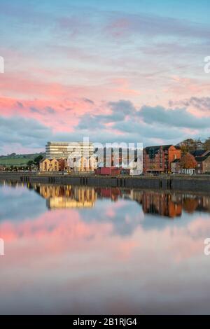 Views towards the civic centre, Barnstaple, North Devon from the banks of the River Taw, North Devon, South West, UK Stock Photo