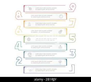 Horizontal paper stripes infographic template with color numbers. 9 positions for informations. Concept Business Strategy. Universal template for proj Stock Vector