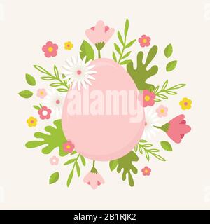 Happy Easter. Greeting card, poster or banner with bunny, flowers and Easter egg. Egg hunt poster. Spring background, vector illustration Stock Vector