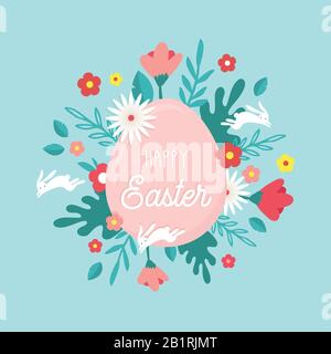 Happy Easter. Greeting card, posteror banner with bunny, flowers and Easter egg. Egg hunt poster. Spring background, vector illustration Stock Vector