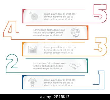 Horizontal paper stripes infographic template with color numbers. 5 positions for informations. Concept Business Strategy. Universal template for proj Stock Vector