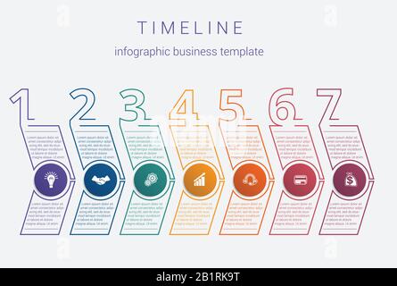 Timeline. infographic business template. Horizontal arrows 7 positions.Visualization of the business strategy in the time period Stock Vector