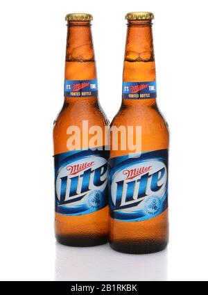 IRVINE, CA - MAY 27, 2014: Two bottles of Miller Light with condensation. Introduced in 1975 Miller Lite was one of the first Reduced Calorie beers to Stock Photo