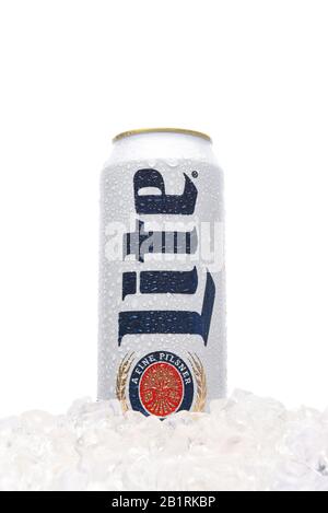 IRVINE, CALIFORNIA - MARCH 21, 2018: A 24 ounce king can of Miller Lite in ice. Introduced in 1975 Miller Lite was the first mainstream light beer. Stock Photo