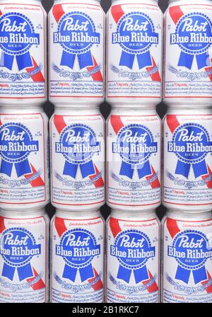 IRVINE, CALIFORNIA - MARCH 16, 2017: Pabst Blue Ribbon Beer. Twelve stacked cans of the American brand introduced in 1884 in Milwaukee, currently base Stock Photo