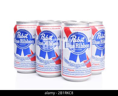 IRVINE, CALIFORNIA - MARCH 16, 2017: Pabst Blue Ribbon Beer. Six cans of the American brand introduced in 1884 in Milwaukee, currently based in Los An Stock Photo
