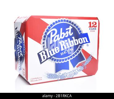 IRVINE, CALIFORNIA - MARCH 16, 2017: Pabst Blue Ribbon Beer. Twelve pack cans of the American brand introduced in 1884 in Milwaukee, currently based i Stock Photo