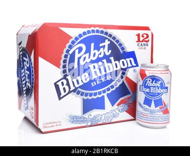 IRVINE, CALIFORNIA - MARCH 16, 2017: Pabst Blue Ribbon Beer. Twelve pack cans of the American brand introduced in 1884 in Milwaukee, currently based i Stock Photo