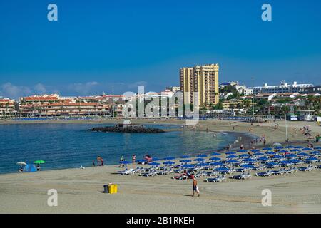 Arona, Tenerife/Spain; September 10 2018: People enjoying Vistas beach with sunlight, Los Cristianos, Tenerife, Canary islands, Spain Stock Photo