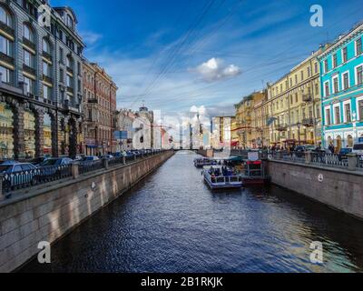 Saint Petersburg, Russia; May 11 2017: one of the many navigable canals of St. Petersburg with blue sky, with shade and sunlight Stock Photo
