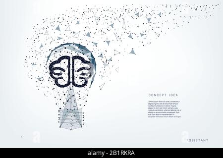 Light bulb of triangles and luminous brain and points. Background light gray lines. Concept idea. Vector Polygonal illustration. Low poly Stock Vector