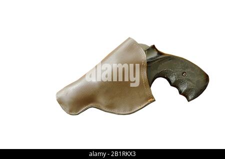 revolver gun in brown leather holster for safety in white background Stock Photo