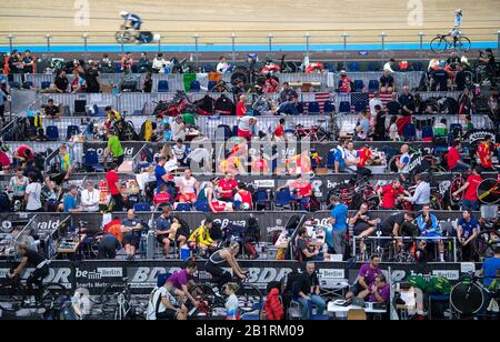 Berlin, Germany. 27th Feb, 2020. Cycling/Track: World Championship: The teams prepare in the paddock before the start of the competitions on the second day of the World Championship. Credit: Sebastian Gollnow/dpa/Alamy Live News Stock Photo