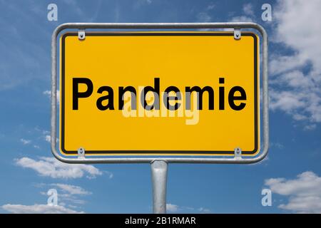 Inscription Pandemie (pandemic) on a traffic sign, place-name sign Germany, beginning of the town Stock Photo