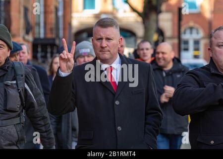 London, UK. 27th Feb, 2020. Paul Golding, Britain First leader, meets with his supporters at Marleybone Station  before making the short walk to Westminster Magistrates Court where he charged with refusing to comply with a duty under Schedule 7 of the Terrorism Act. He is alleged to have refused to give pin codes for electronic devices when he was stopped at Heathrow airport, returning from a trip to the Russian Parliament in Moscow. Penelope Barritt/Alamy Live News Stock Photo