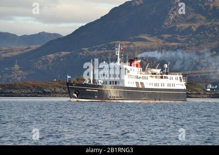 Hebridean  Princess leaving Kyle of Lochalsh having passed under the Skye Bridge Stock Photo