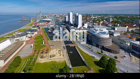 City view over Museumshafen, Atlantic-Sail-City-Hotel, Klimahaus, Columbus Center, Bremerhaven, Bremen, Germany, Stock Photo