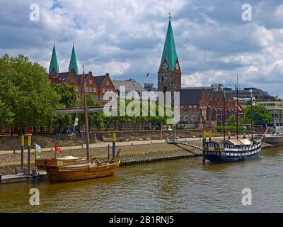 Panoramic view from the Teerhof Bridge to the Schlachte, Hanseatic City Bremen, Germany, Stock Photo