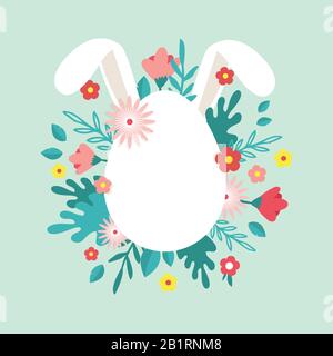 Happy Easter. Greeting card, posteror banner with bunny, flowers and Easter egg. Egg hunt poster. Spring background, Stock Vector