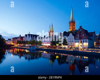 Panoramic view over the Obertrave to the Church of St. Mary and St. Peter, Hanseatic City of Luebeck, Schleswig-Holstein, Germany, Stock Photo