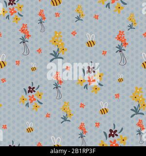 in the Honeycomb Bees and flowers seamless pattern Vector on white ...