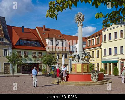 Old market with new well in Oschatz, administrative district North Saxony, Saxony, Germany, Stock Photo