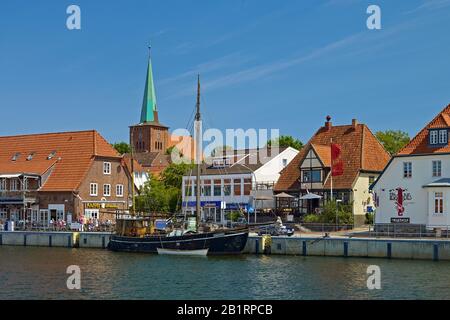 Harbor and church in Neustadt in Holstein, Ostholstein district, Schleswig-Holstein, Germany, Stock Photo