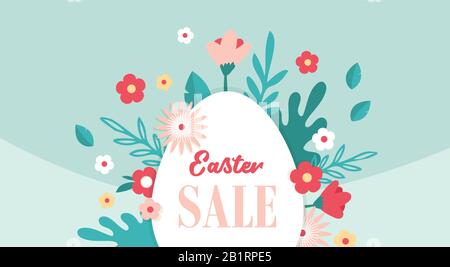 Happy Easter banner with flowers and Easter egg. Easer Sale poster. Floral spring background, vector illustration Stock Vector