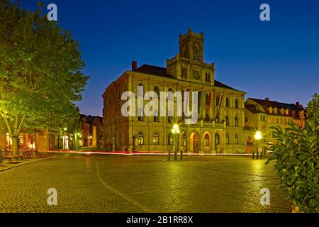 Market with town hall in Weimar, Thuringia, Germany, Stock Photo