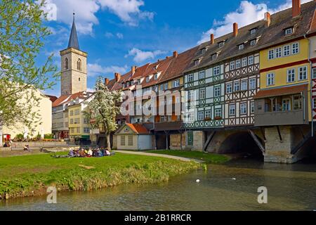 Chandler Bridge with Aegidien Tower in Erfurt, Thuringia, Germany, Stock Photo