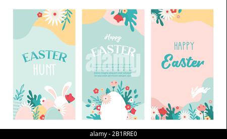 Vector set of Easter floral backgrounds with copy space for text - banners, posters, cover design templates, social media stories wallpapers and Stock Vector
