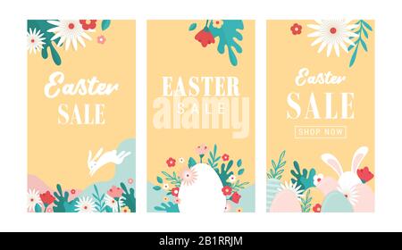 Vector set of Easter floral backgrounds. Easter sale banners, posters, cover design templates, social media stories and wallpapers. Vector Stock Vector