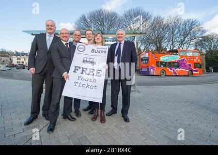 Edinburgh, UK. 27 February 2020. Pictured: (L-R) Mark Ruskell MSP; Patrick Harvie MSP; Andy Wightman MSP; Ross Greer map; Alison Johnstone MSP; John Finnie MSP. Ahead of the budget debate this afternoon Scottish Greens Parliamentary Co-Leaders Alison Johnstone MSP and Patrick Harvie MSP along with the Green MSP group will stage a photocall outside the Scottish Parliament to celebrate their free bus travel for under 19s budget win. The Scottish Greens yesterday announced that a deal had been struck on free bus travel, more money for councils, extra resource for community safety and an addit Stock Photo