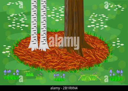 Mulch gardening concept with trees, red mulch. Agriculture outdoor seasonal work. Mulching of plants, soil protection. Landscape design mulch. Vector Stock Vector